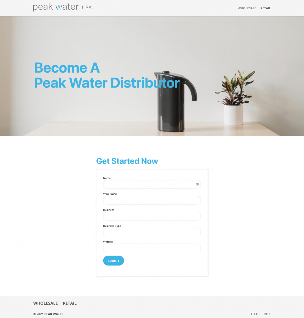 Peak Water Website Wholesale form